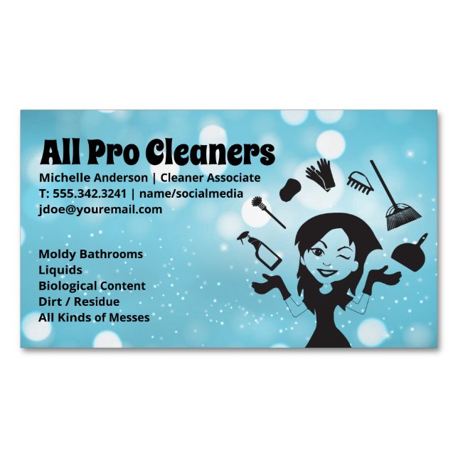 Maid Juggling Cleaning Supplies Business Card Magnet (Front)