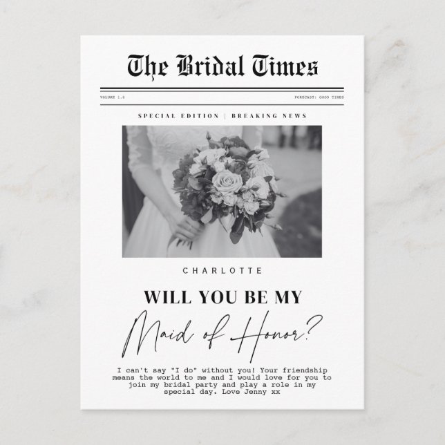 Maid of Honor asking, customizable Newspaper  Postcard (Front)