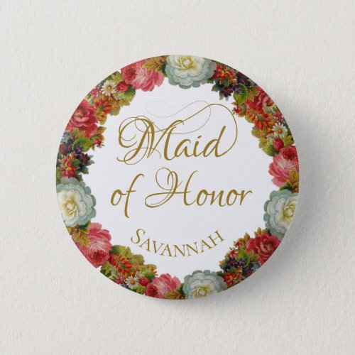 Maid of Honor Autumn Floral Wedding Name Tag Button