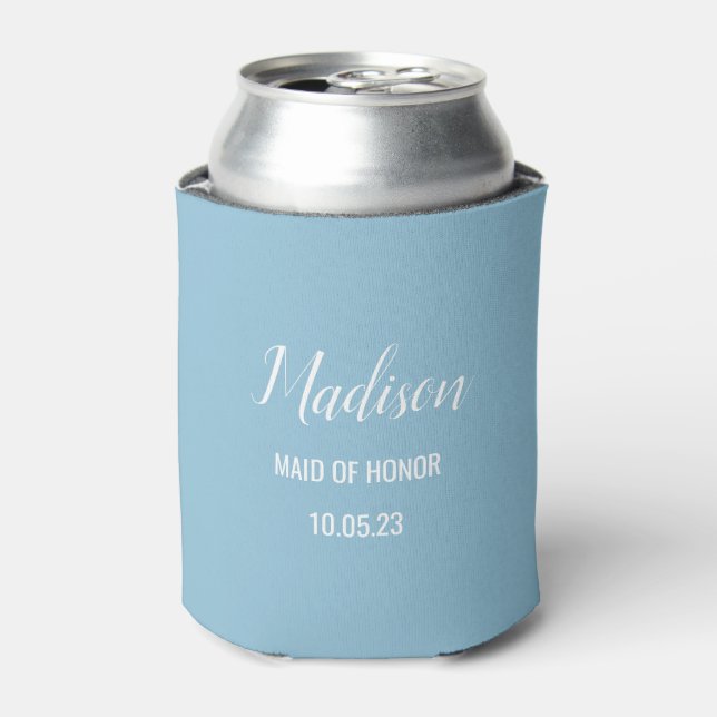 maid of honor bachelorette custom name & date blue can cooler (Can Front)