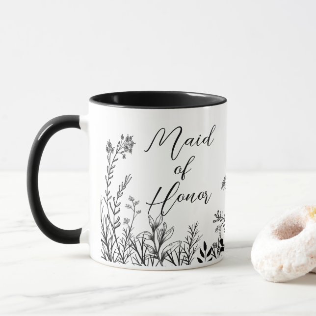 Maid of Honor Black and White Wild Flowers   Mug (With Donut)