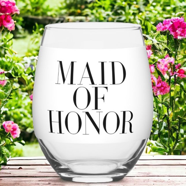 Maid of Honor Black Modern Elegant Personalized  Stemless Wine Glass (Creator Uploaded)