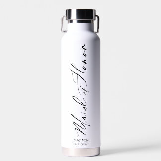 Maid of Honor | Black Modern Script Custom Water Bottle
