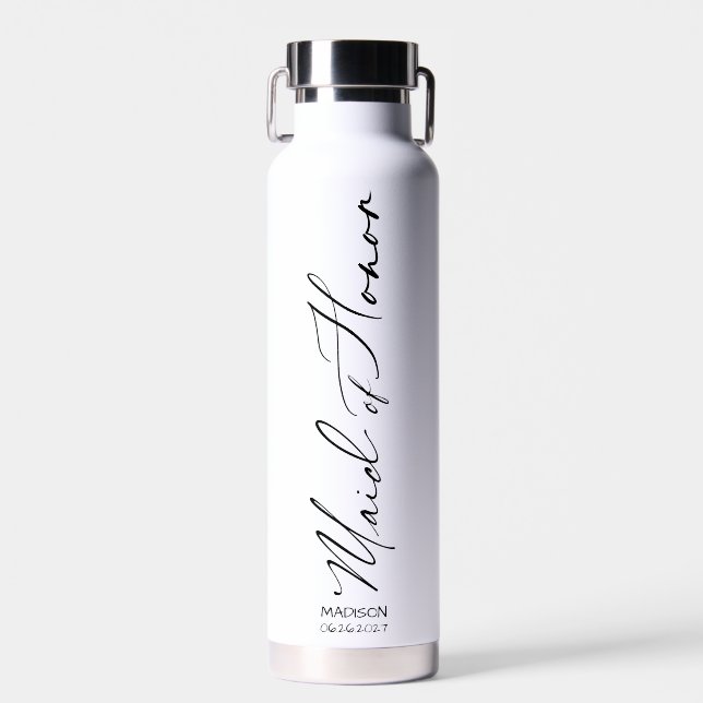 Maid of Honor | Black Modern Script Custom Water Bottle (Front)
