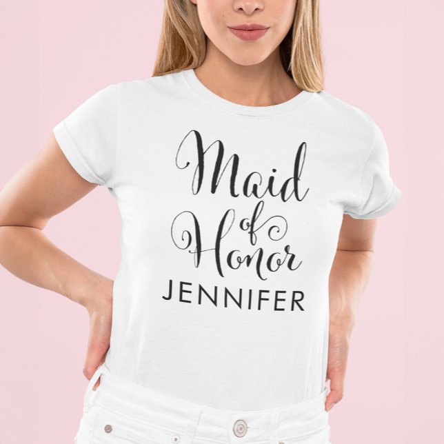 Maid of Honor Black Modern Script Custom Wedding T-Shirt (Creator Uploaded)