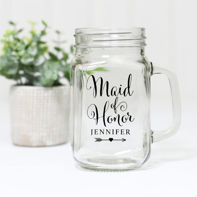 Maid of Honor Black Script Custom Boho Wedding Mason Jar (Creator Uploaded)