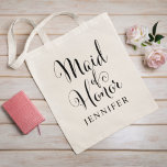 Maid of Honor Black Script Personalized Wedding Tote Bag<br><div class="desc">Wedding Maid of Honor tote bag features modern black swirling calligraphy script writing with elegant custom first name text that you can personalize. See our coordinating bridal party designs!</div>