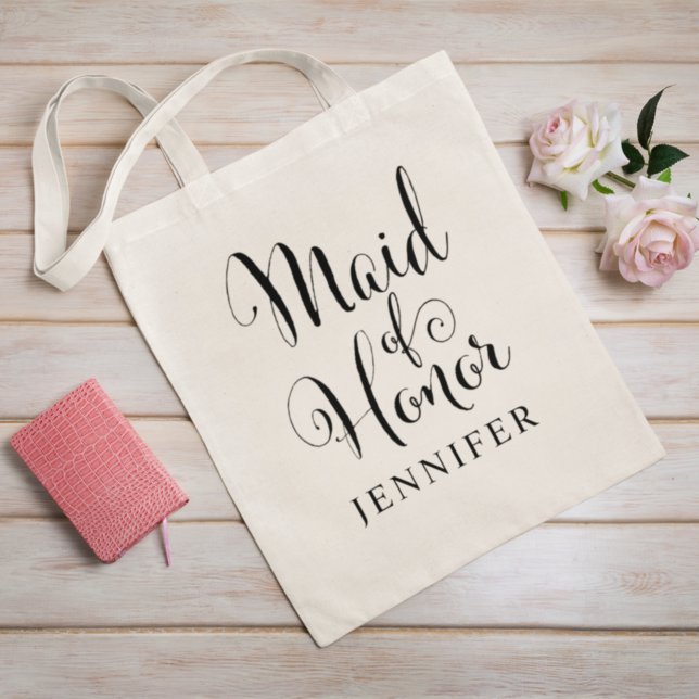 Maid of Honor Black Script Personalized Wedding Tote Bag (Creator Uploaded)