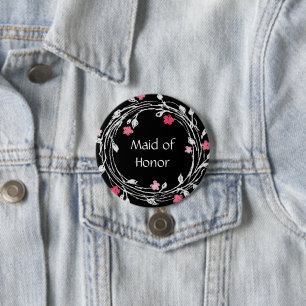 Maid of Honor Black White Pink Floral Wreath Button