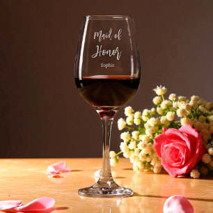 Maid of Honor Black White Wedding  Wine Glass