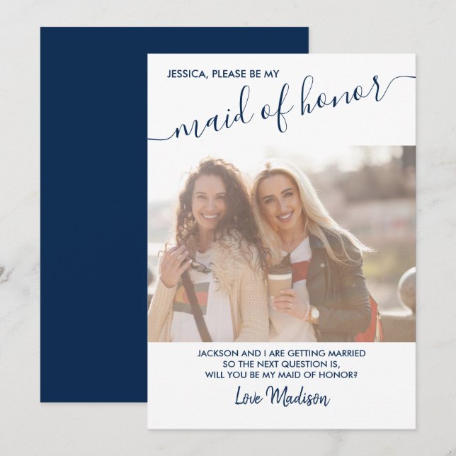 Maid of Honor Blue and White Photo Proposal Card (Front/Back)
