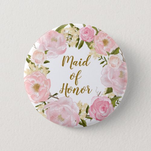 Maid of Honor Blush Pink Floral Round Badge Button