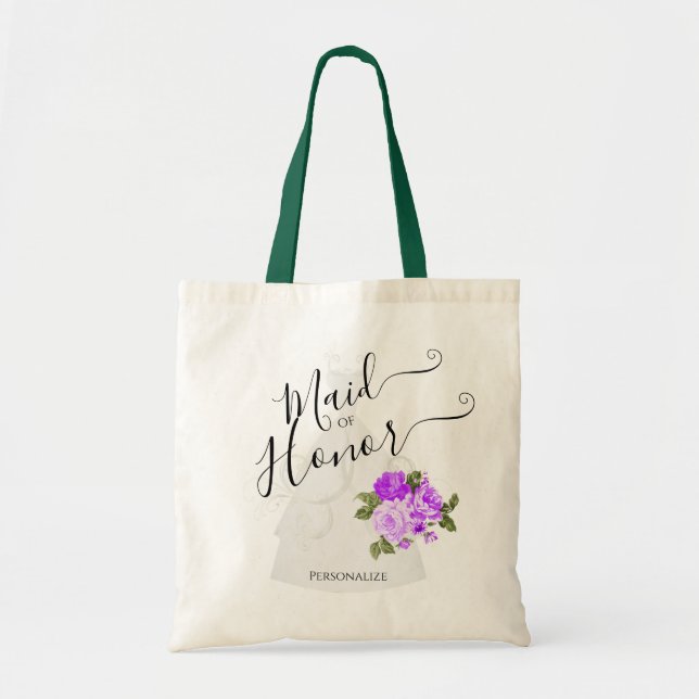 Maid Of Honor - Bridal Party - Purple Flowers Tote Bag (Front)