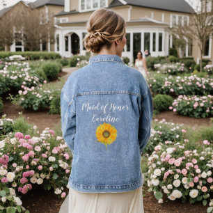 Maid of Honor Bridesmaid Sunflower Flower Wedding Denim Jacket