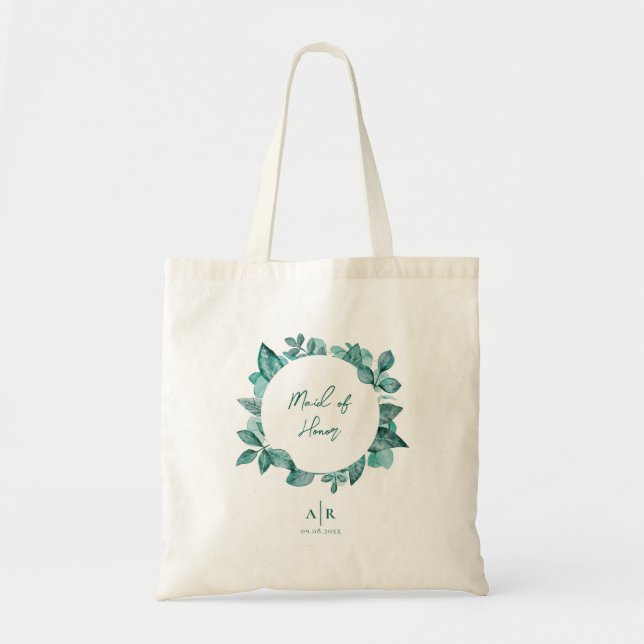 Maid of Honor, Bridesmaid, Teal Greenery Wedding Tote Bag (Front)