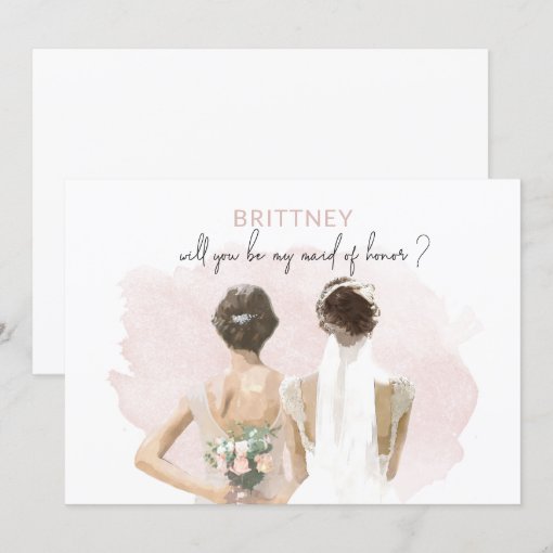Maid of Honor Brown Hair Pink Watercolor Card | Zazzle