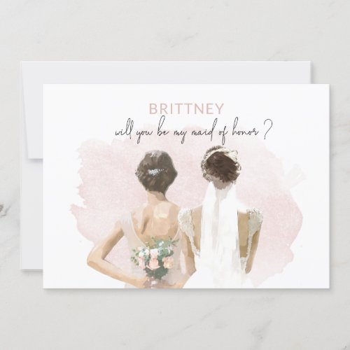 Maid of Honor Brown Hair Pink Watercolor Card