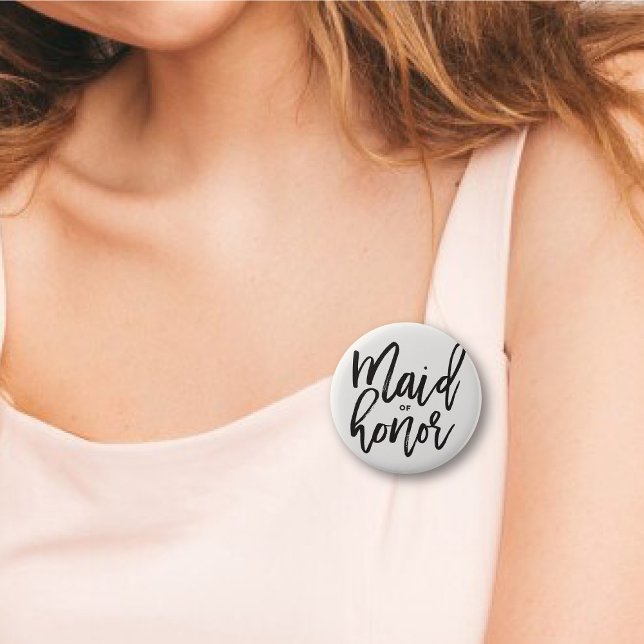 Maid Of Honor Brush Script Bridal Party Wedding Pinback Button ('Maid of Honor' Brush Script Calligraphy Wedding Rehearsal Pin Button @ fatfatin_blue_knot)