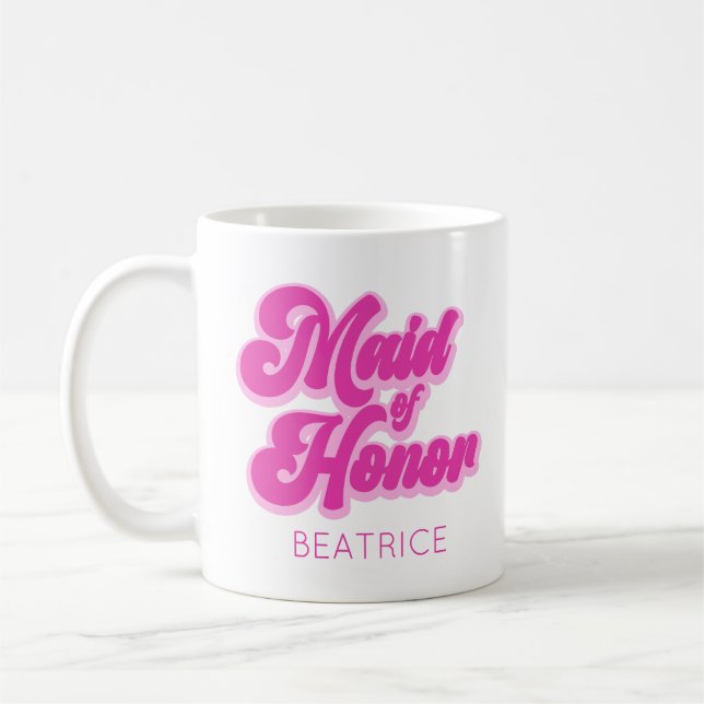 Maid of Honor Bubblegum Pink Retro Custom Name Coffee Mug (Left)