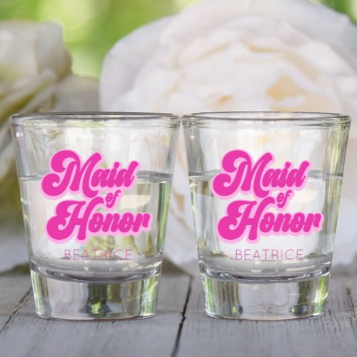Maid of Honor Bubblegum Pink Retro Custom Name Shot Glass