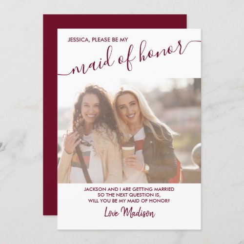 Maid of Honor Burgundy and White Photo Proposal Invitation