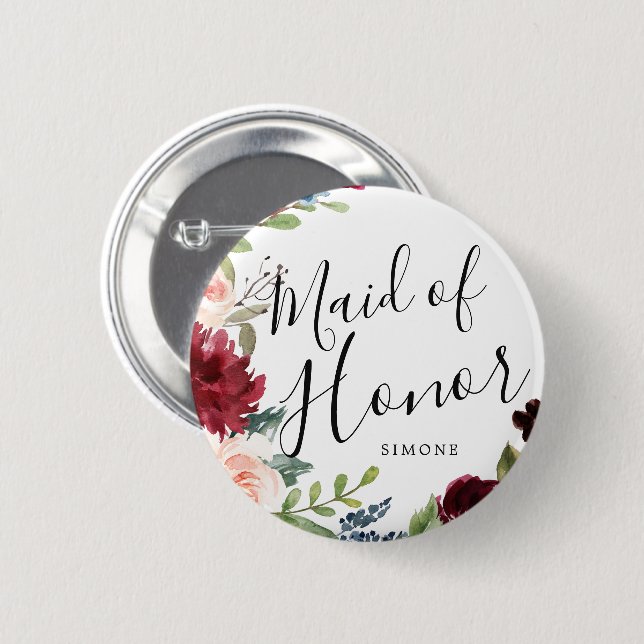 Maid of Honor Burgundy Bouquet Custom Wedding Button (Front & Back)