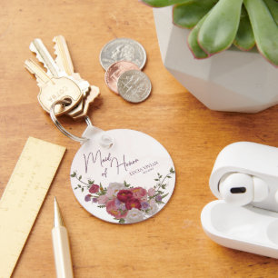 Maid of Honor Burgundy Forest Floral Wedding Gift Keychain