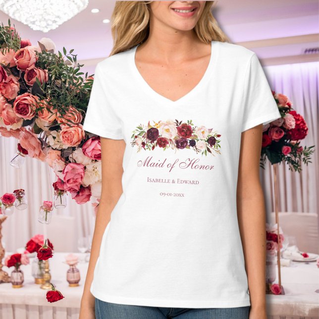 Maid Of Honor Burgundy Pink Rose Floral T-Shirt (Creator Uploaded)