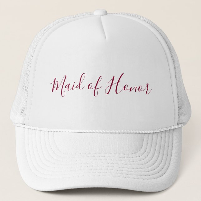Maid of Honor Burgundy Script Trucker Hat (Front)