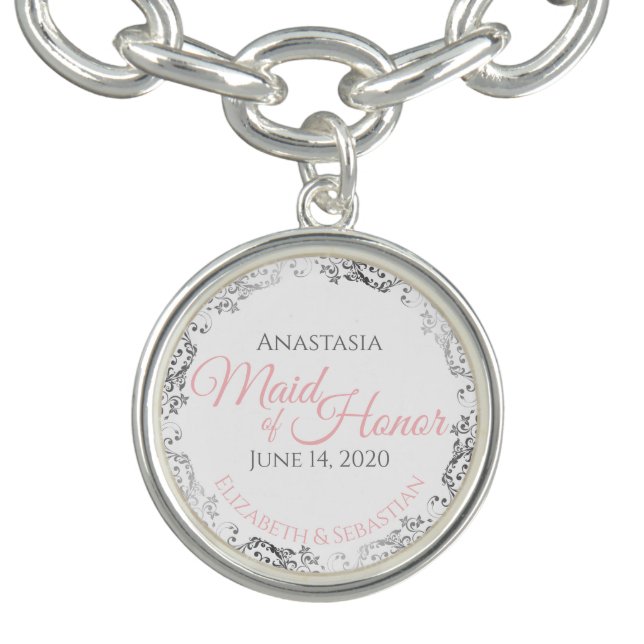 Maid of Honor Charm Bracelet Gift Pink Silver (Design)