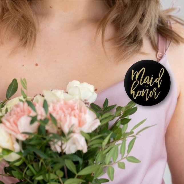 Maid Of Honor Chic Gold Brush Bridal Party Wedding Button ('Maid of Honor' Gold Brush Script Calligraphy Wedding Rehearsal Pin Button @ fatfatin_blue_knot)