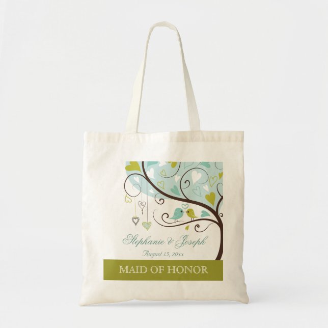 Maid of honor chic green & blue love birds favor tote bag (Front)