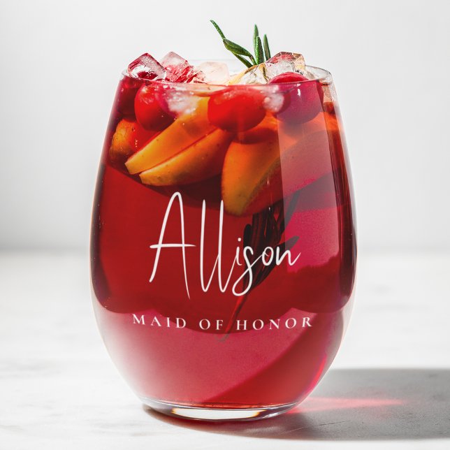 Maid Of Honor Chic White Script Wedding Stemless Wine Glass (Creator Uploaded)