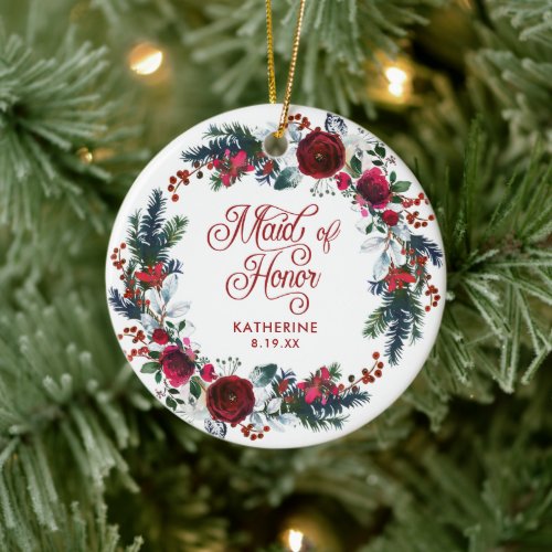 Maid Of Honor Christmas Floral Wreath Personalized Ceramic Ornament