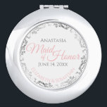 Maid of Honor Compact Mirror Wedding Gift<br><div class="desc">These compact mirrors are designed to give as favors to the Maid of Honor in your wedding party. Designed to coordinate with our Pink & Gray Elegant Wedding Suite, they feature a simple yet elegant design with a white background, Pink & Gray, and a silver faux foil floral border. Perfect...</div>