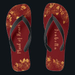 Maid of Honor Dark Burgundy & Gold Foliage  Flip Flops<br><div class="desc">These gorgeous dark burgundy and gold foliage maid of honor flip flops have a dark burgundy background that is adorned with an intricate gold floral greenery pattern and customizable modern typography. The combination of the rich burgundy and the shimmering gold create an elegant and luxurious aesthetic. It's a beautiful gift...</div>