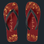 Maid of Honor Dark Burgundy & Gold Foliage  Flip Flops<br><div class="desc">These gorgeous dark burgundy and gold foliage maid of honor flip flops have a dark burgundy background that is adorned with an intricate gold floral greenery pattern and customizable modern typography. The combination of the rich burgundy and the shimmering gold create an elegant and luxurious aesthetic. It's a beautiful gift...</div>