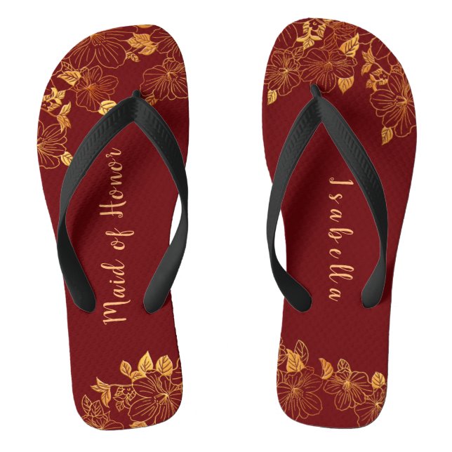 Maid of Honor Dark Burgundy & Gold Foliage  Flip Flops (Footbed)