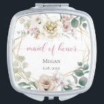 Maid of Honor Elegant Blush and Ivory Peony Flower Compact Mirror<br><div class="desc">Maid of Honor gift, A bouquet of watercolor peony flowers in shades of blush and ivory with alabaster white magnolias and eucalyptus greenery - a gold geometric multi faceted terrarium style frame. Original artwork created for the BarefootBride™ by © WhimsicalArtwork™ - This is part of a complete Wedding Stationery Suite...</div>