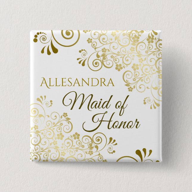 Maid of Honor Elegant Gold Lace Wedding Name Tag Button (Front)