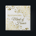 Maid of Honor Elegant Gold Lace Wedding Name Tag Button<br><div class="desc">This beautiful badge or button reads "Maid of Honor" in elegant script lettering with a place to enter her name. Perfect way to identify her at the wedding rehearsal,  bridal shower or other related event. Features gold lacy floral filigree on a white background.</div>