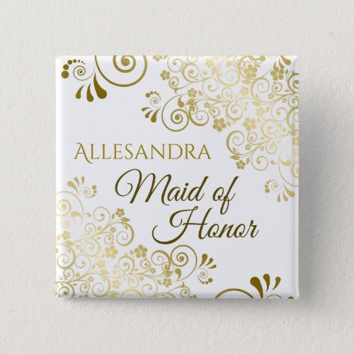 Maid of Honor Elegant Gold Lace Wedding Name Tag Button