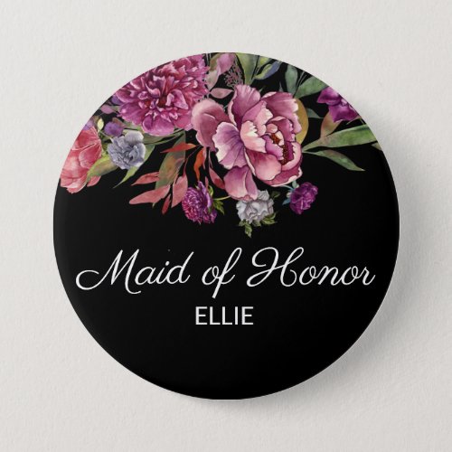 Maid of Honor Elegant Purple Floral Black    Button