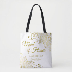 Maid of Honor Elegant Wedding Tote Bag Gold White