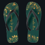 Maid of Honor Emerald Green & Gold Foliage  Flip Flops<br><div class="desc">These gorgeous emerald green and gold foliage maid of honor flip flops feature golden foliage pattern and modern typography on timeless dark green background. It's a beautiful gift for your bridal party. View the collection on this page to find matching items. ♥Customize it with your information. ♥ If you want...</div>