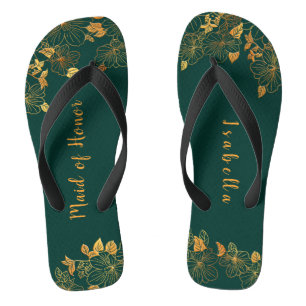 Maid of Honor Emerald Green & Gold Foliage Flip Flops