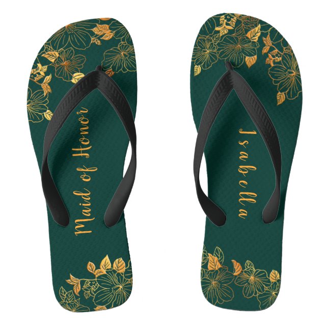 Maid of Honor Emerald Green & Gold Foliage  Flip Flops (Footbed)
