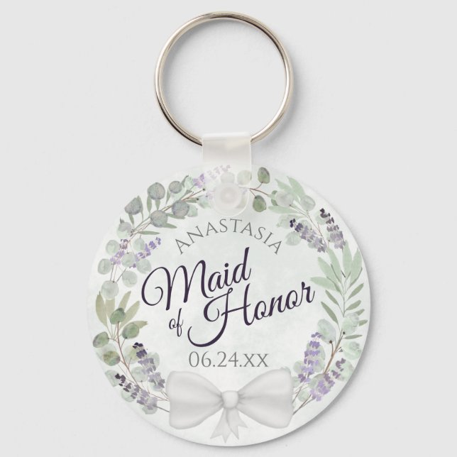 Maid of Honor Eucalyptus Lavender Wreath Wedding Keychain (Front)
