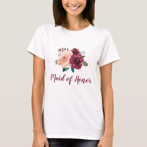 Maid of Honor Floral Blush Pink Burgundy Rose T_Shirt