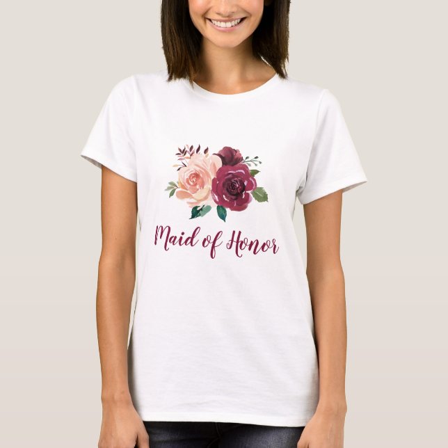 Maid of Honor Floral Blush Pink Burgundy Rose T-Shirt (Front)